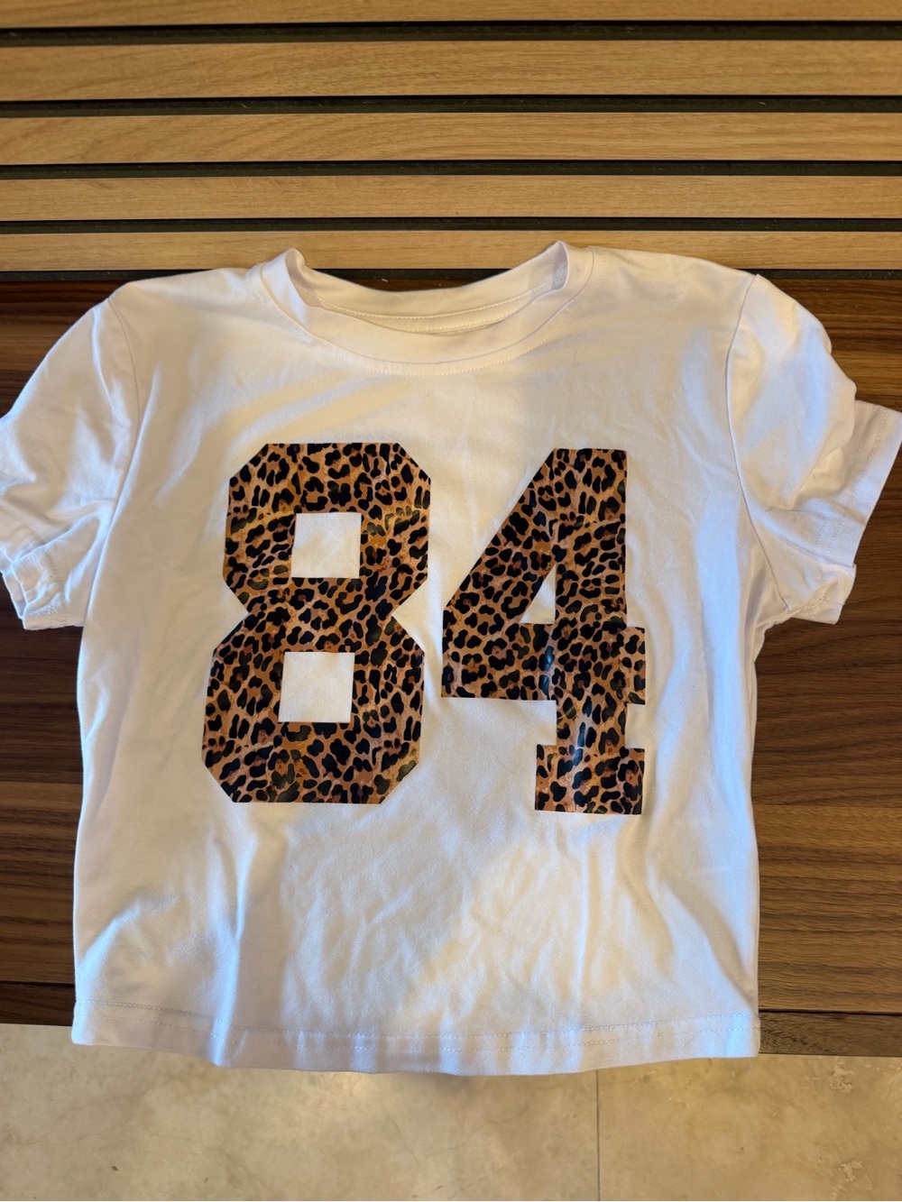 White Crop top with Leopard Print '84' Graphic